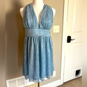 Lulu's Metallic Light Blue Plunging V-Neck Mini Dress
